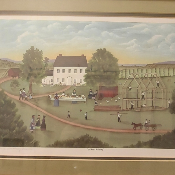 Barbara Woodbury Barn Raising Limited Edition Lithograph in Wood Frame. 296/1000 - Picture 2 of 11